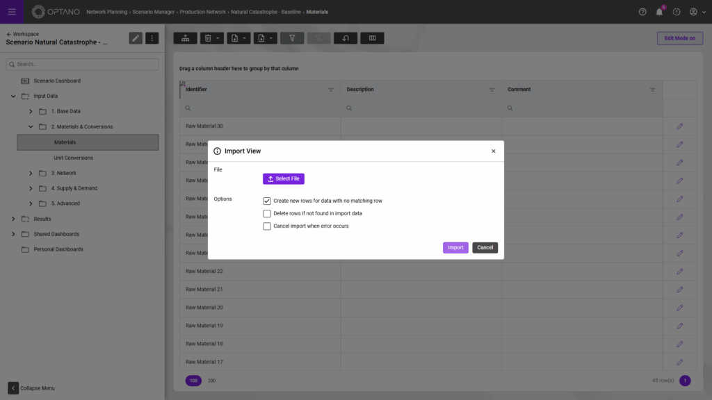Screenshot zeigt Datenimport in OPTANO