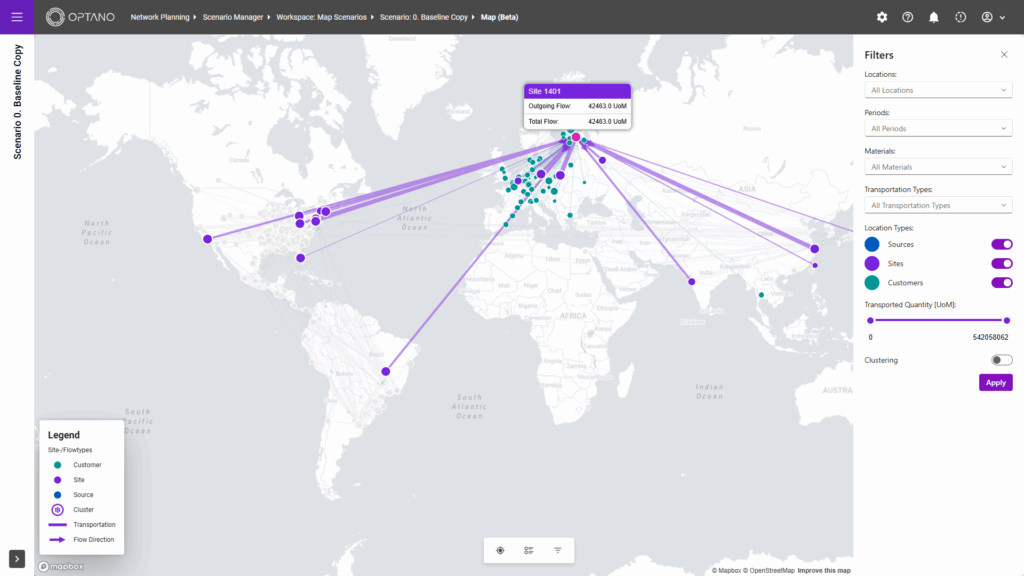 Screenshot einer Karte zum Netzwerkdesign in OPTANO