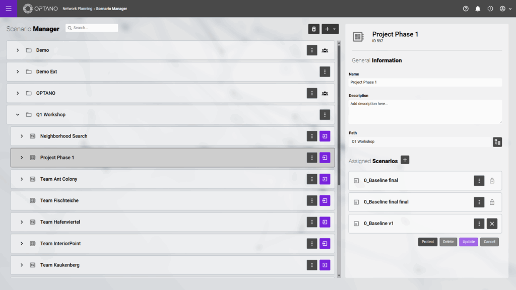 Screenshot des Szenariomanagers zum flexiblen Arbeiten in OPTANO