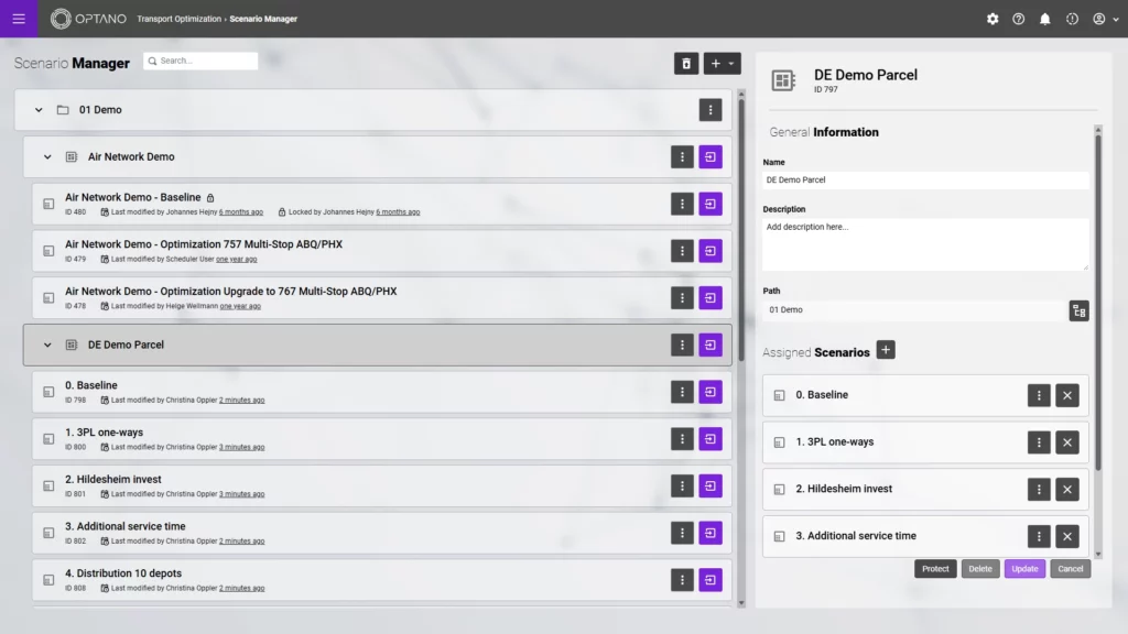 Screenshot of workspaces in OPTANO Transport
