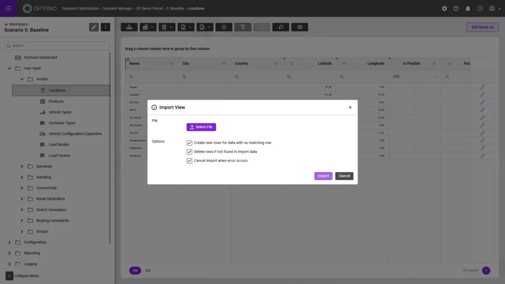 Screenshot of data upload in OPTANO Transport