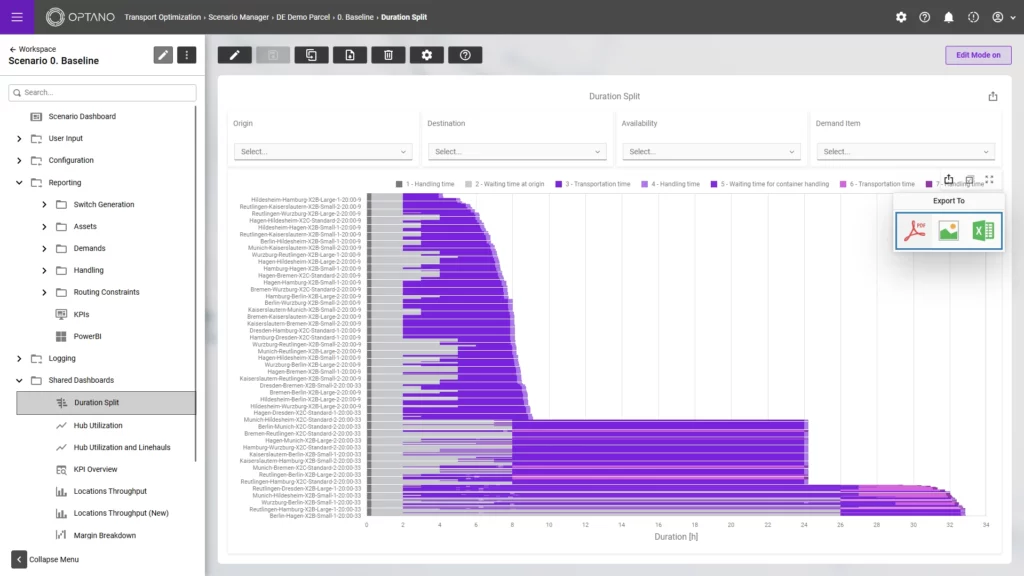 Screenshot of Excel export in OPTANO Transport