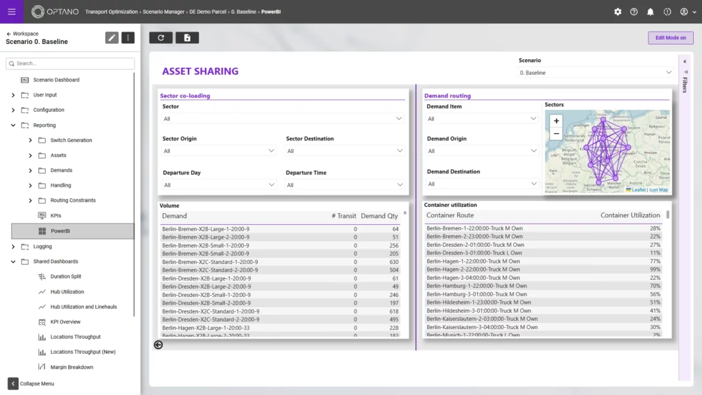 Screenshot of PowerBi in OPTANO Transport