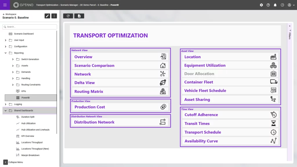 Screenshot of extensive analysis in OPTANO Transport